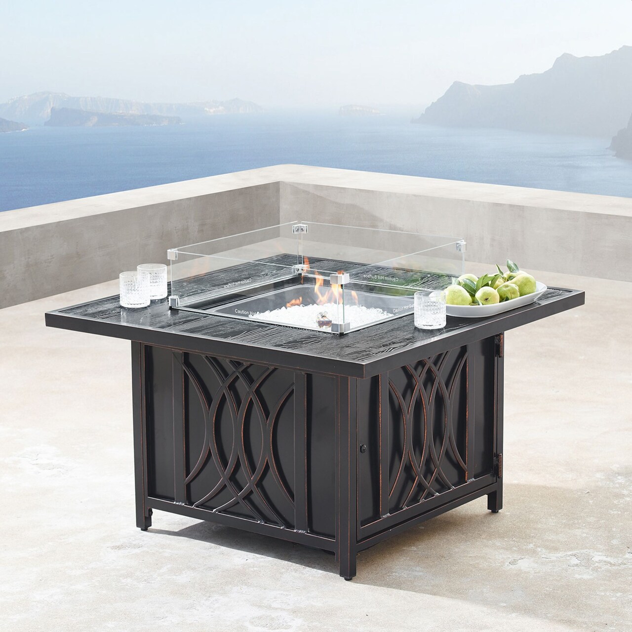 Outdoor Living and Style 42" Charcoal Black Square Propane Outdoor Fire Table with Wind Blockers